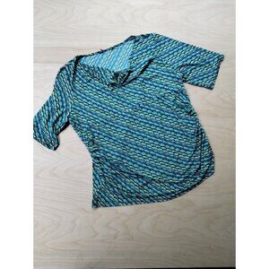 Aqua Blue Green Womens Striped Short Sleeve Blouse Top Medium